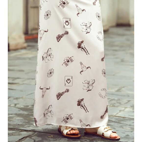 Western Print Satin A-Line Maxi Skirt - Picture 2 of 2